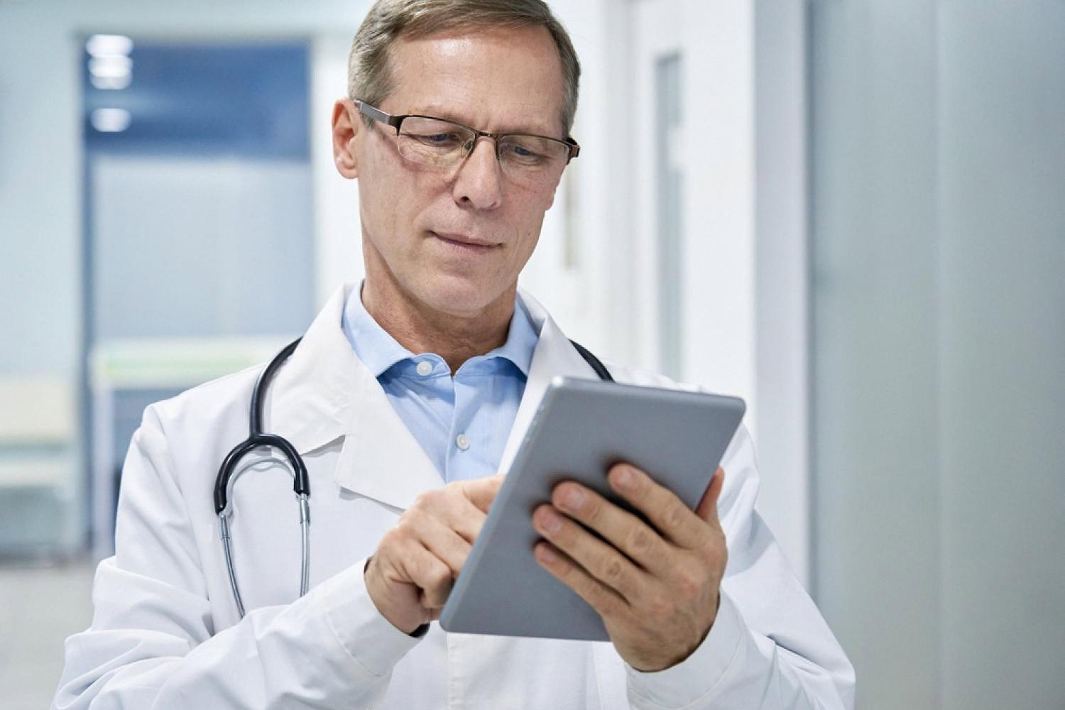 Doctor reviewing post-operative digestive health notes on a tablet